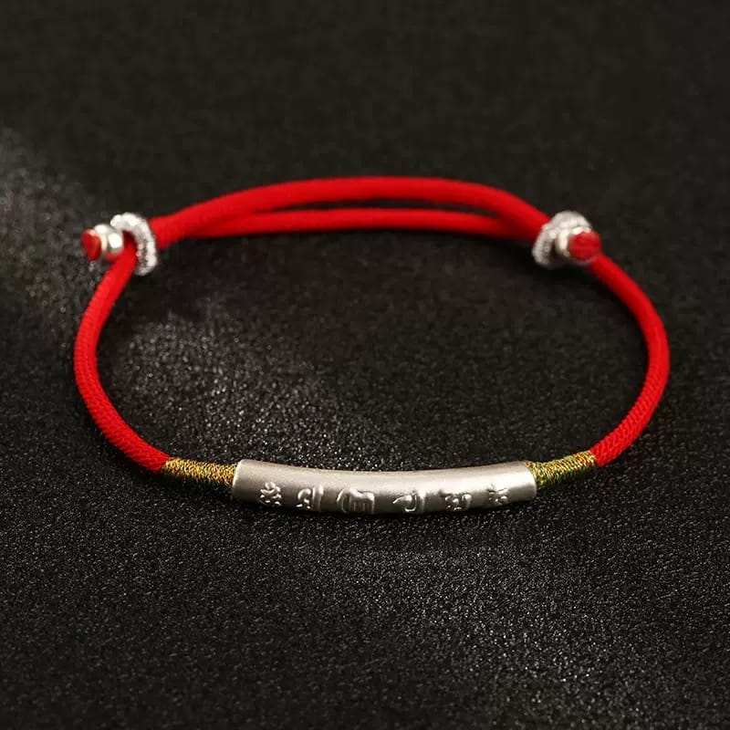 Good Fortune Series – Handmade Red String Bracelet | Six-Word Mantra for Protection & Prosperity – Adjustable