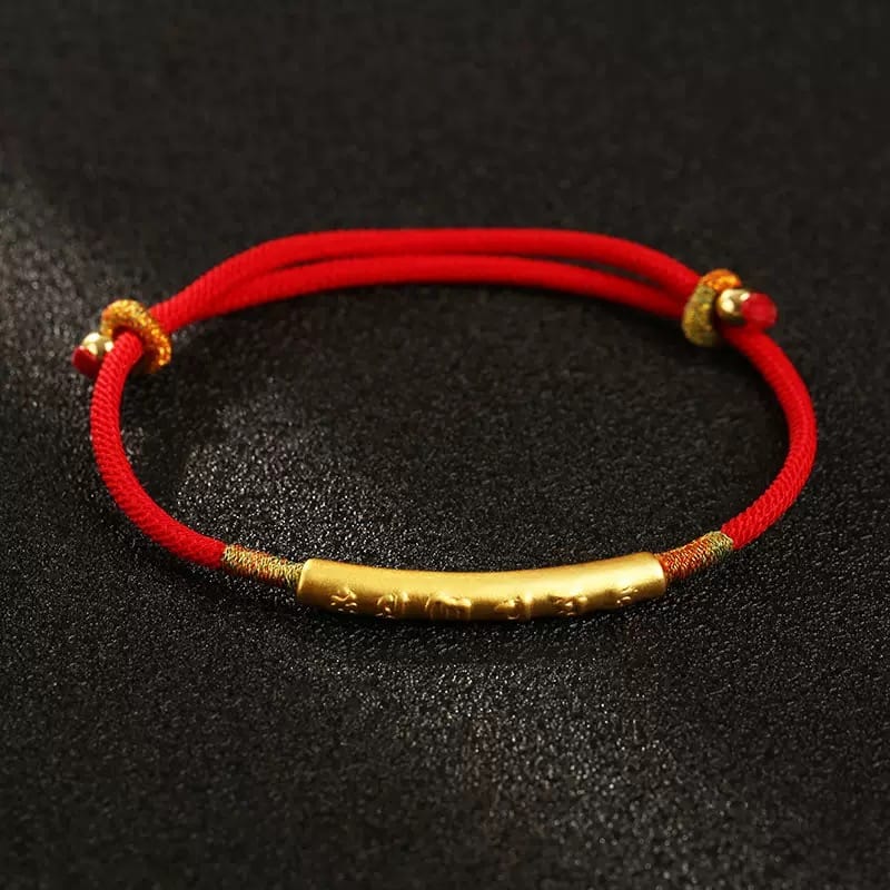 Good Fortune Series – Handmade Red String Bracelet | Six-Word Mantra for Protection & Prosperity – Adjustable