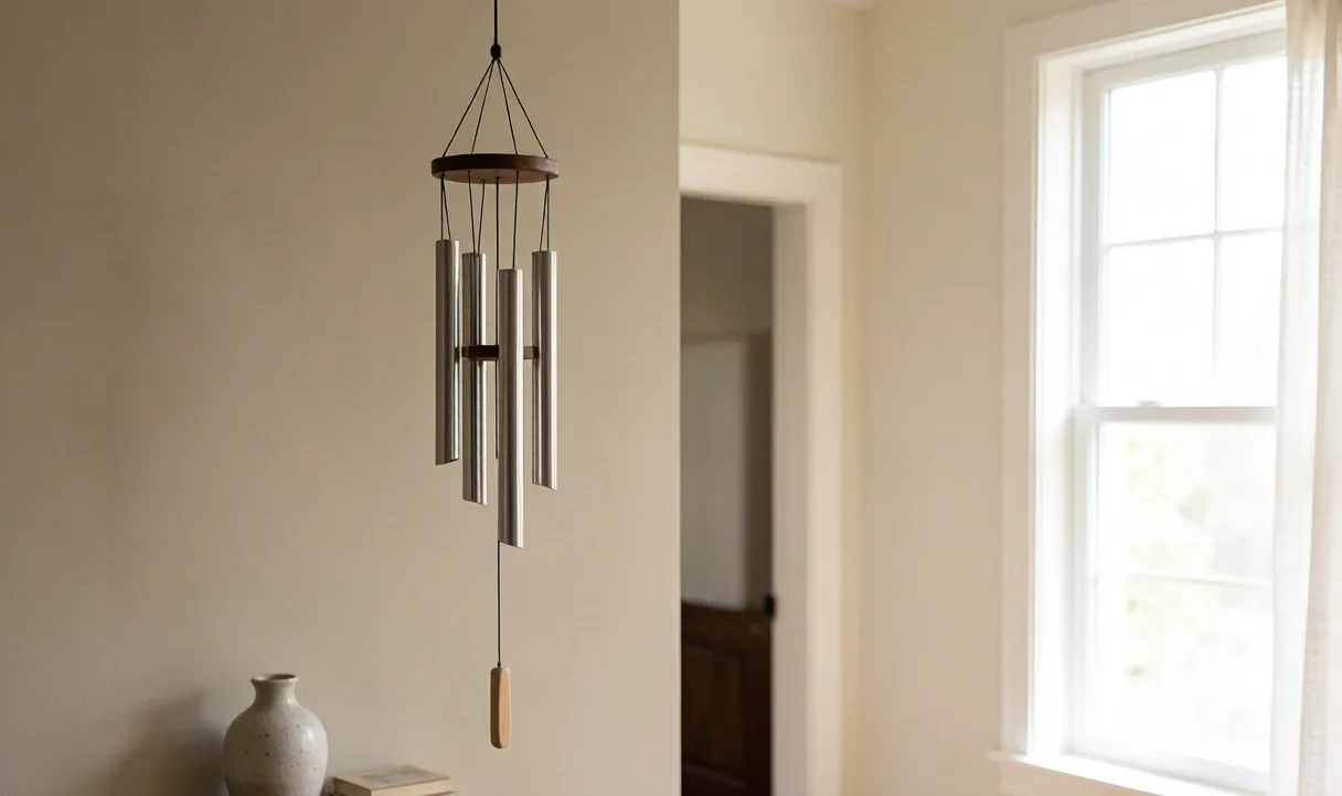 A metal wind chime hanging near a front entry to shift energy — wind chimes feng shui placement