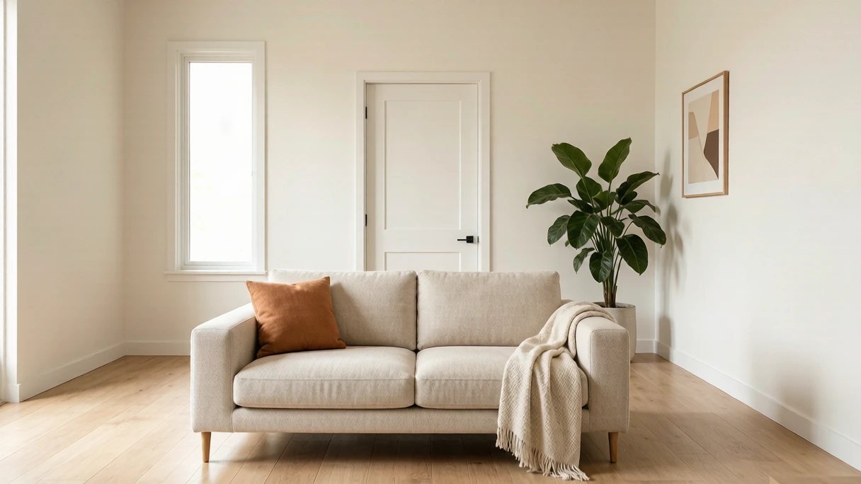 A room-by-room home view with sofa against a wall, tidy bed and clear entry — feng shui for home guide