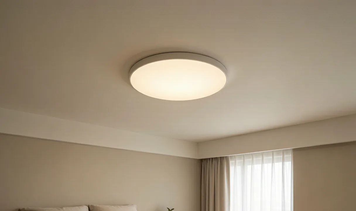 A calm bedroom under an upstairs bathroom, softened with a rug and ventilation — bathroom above bedroom feng shui fix