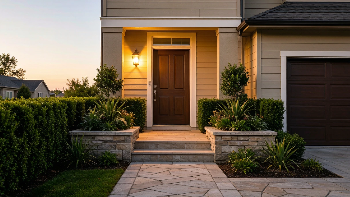 Welcoming detached house entrance with warm porch light, clear stone pathway, and balanced planters — detached house front door feng shui layout