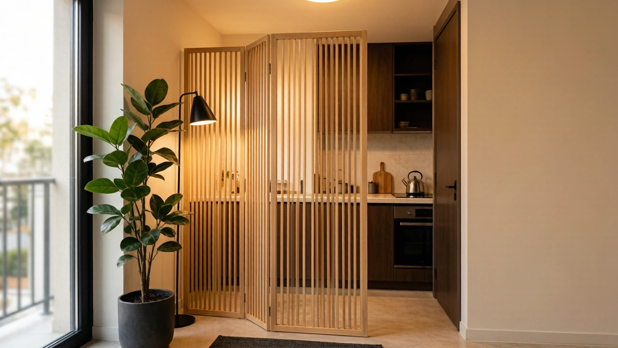 Apartment entry with a wooden folding screen softening the sightline between the front door and stove — stove facing front door feng shui solution
