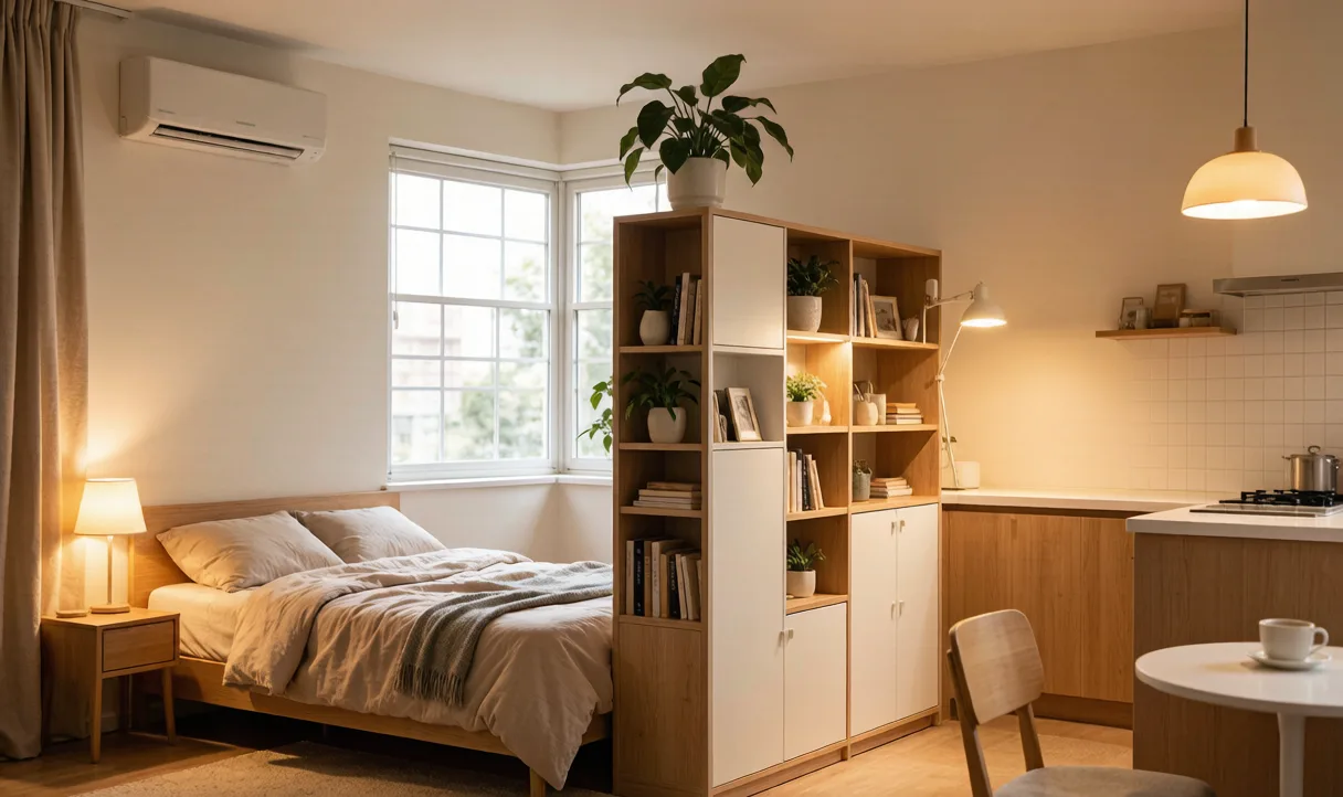 A studio apartment divided into sleep, work, and cook zones with a folding screen — studio apartment feng shui layout