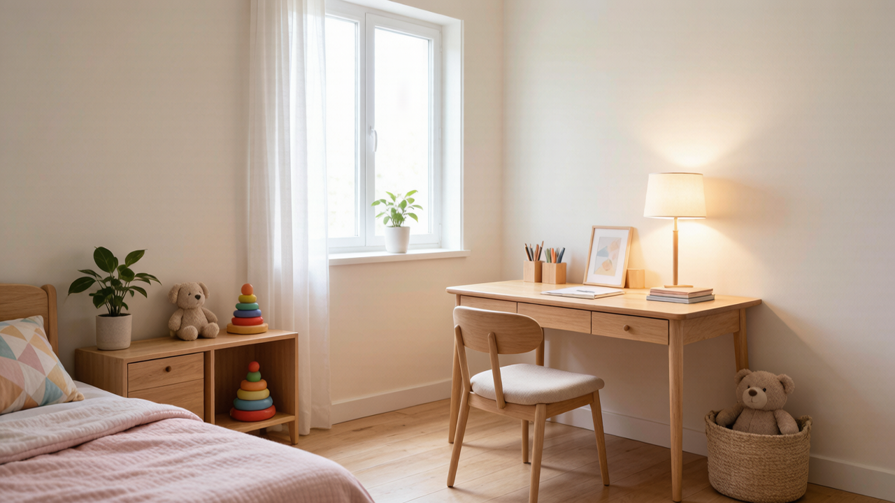 `Calm, organized feng shui children's bedroom with a small study area`