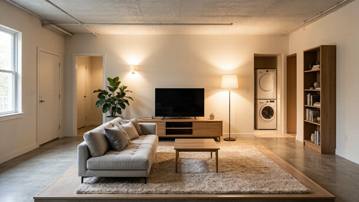 A bright finished basement with warm layered lighting and a cozy seating nook — showing how to improve basement feng shui