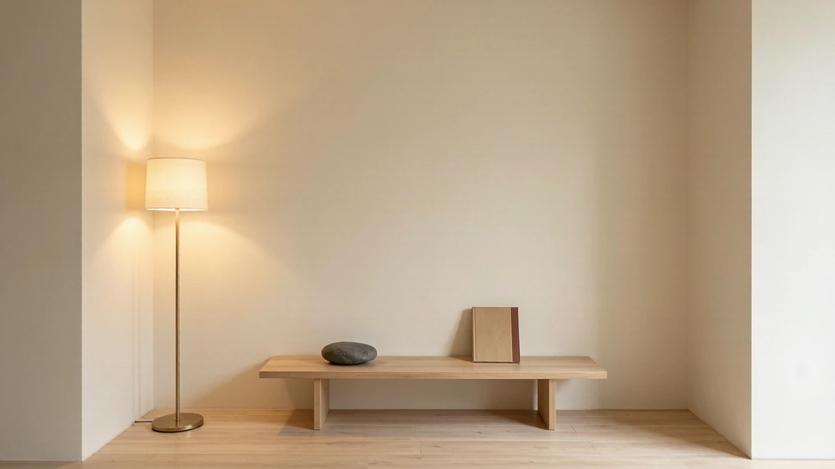 A tidy, lit far-left living room corner with a warm floor lamp and a single cherished object — illustrating the feng shui wealth corner myth versus reality