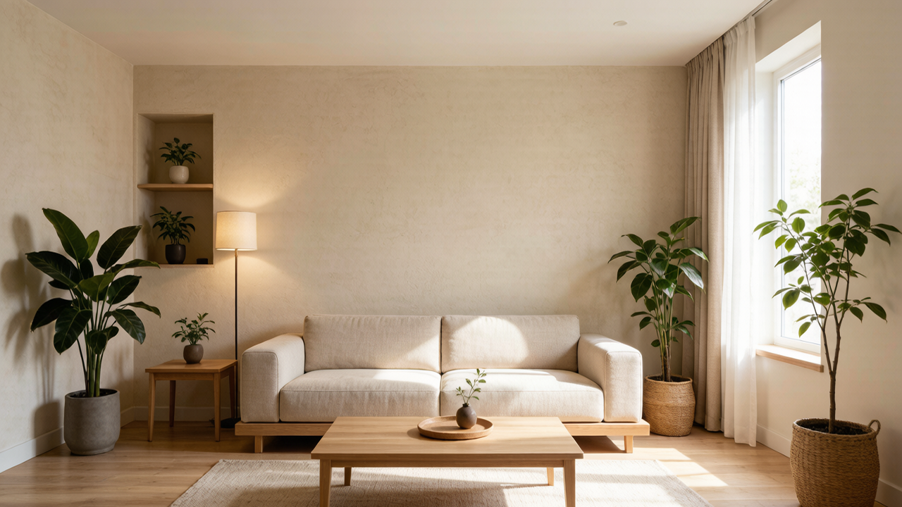 Bright, harmonious feng shui living room with the sofa against a solid wall